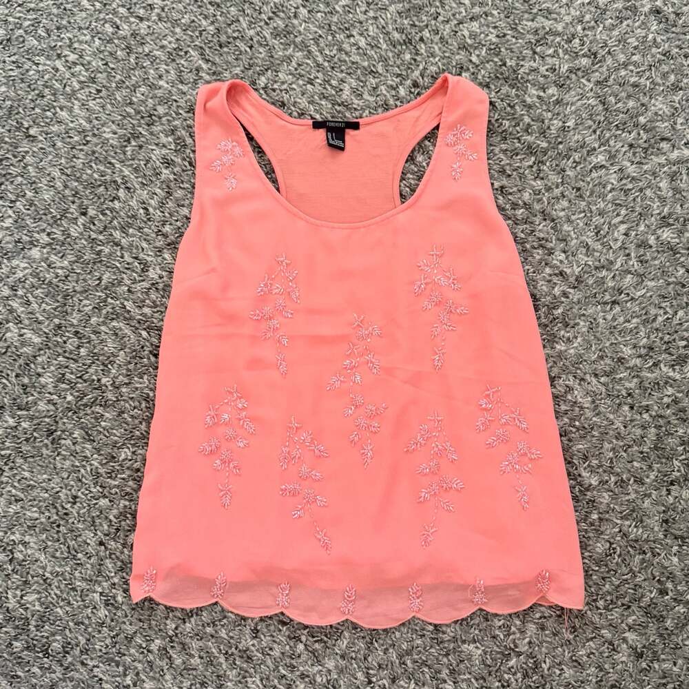 Forever 21 Women's Coral Beaded Chiffon Racerback Tank Top with Scalloped Hem